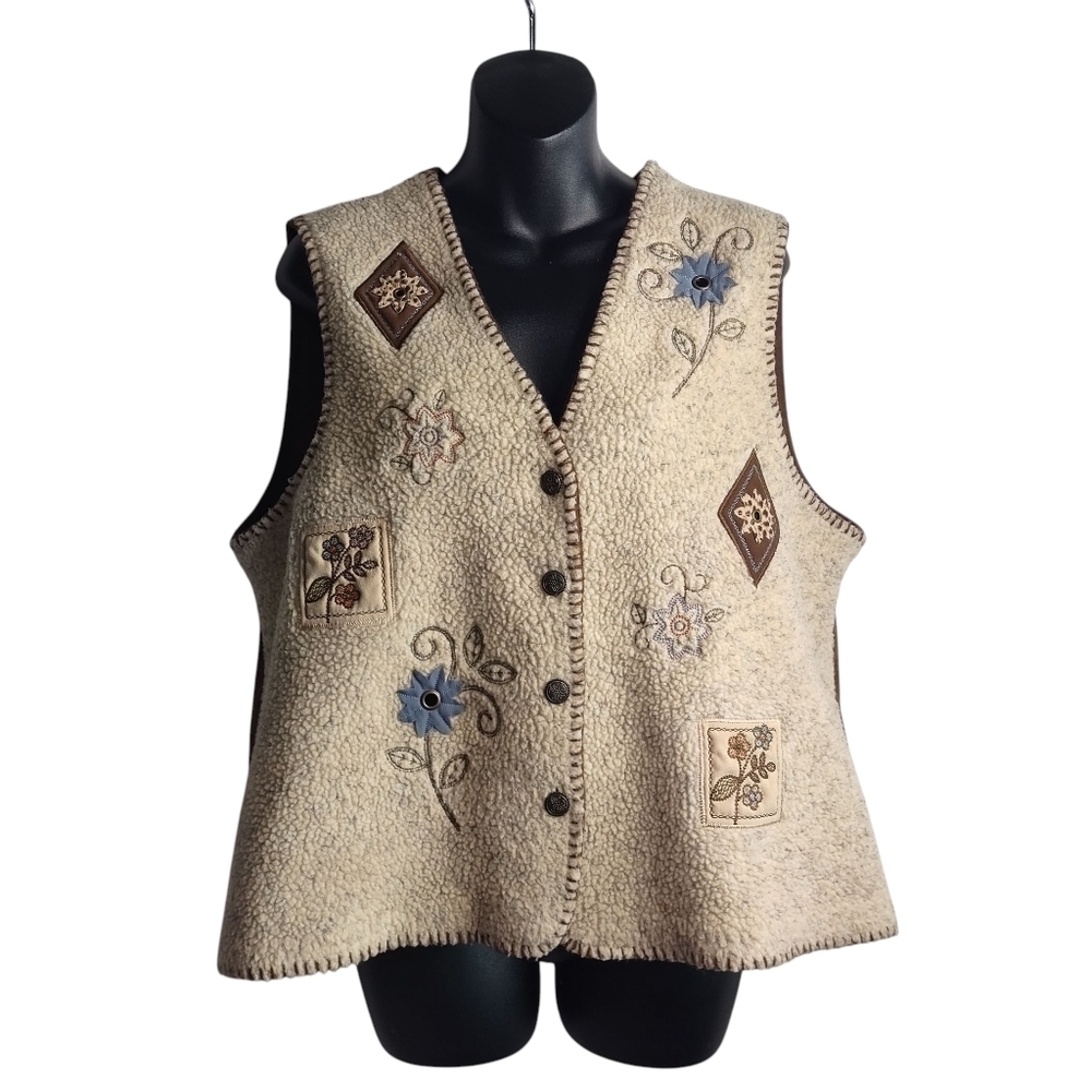 Vintage Alfred Dunner Vest Size PL  Faux Sherpa/Suede Beige/Brown Patches Button
